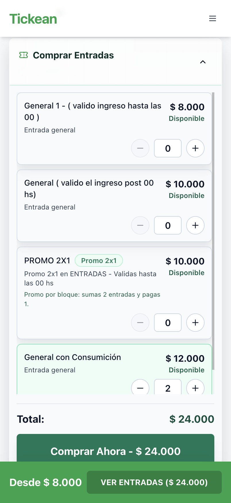 Ticket selection and checkout on a phone
